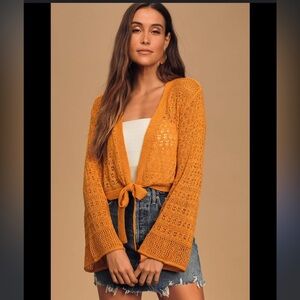 Band of Gypsies Delphi Gold Boho Tie Front Bell Sleeve Open Knit Cardigan Medium